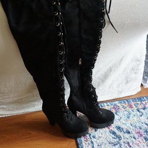 Lamoda Black Suede Womens Tall Thigh High Heeled Lace Up Boots 38 7 New